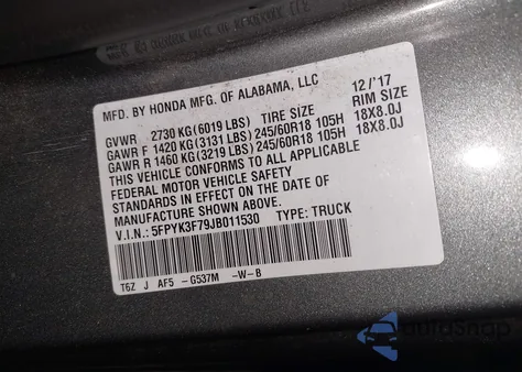 2018 Honda Ridgeline Rtl-E z USA, uszkodzony, nr VIN 5FPYK3F79JB011530